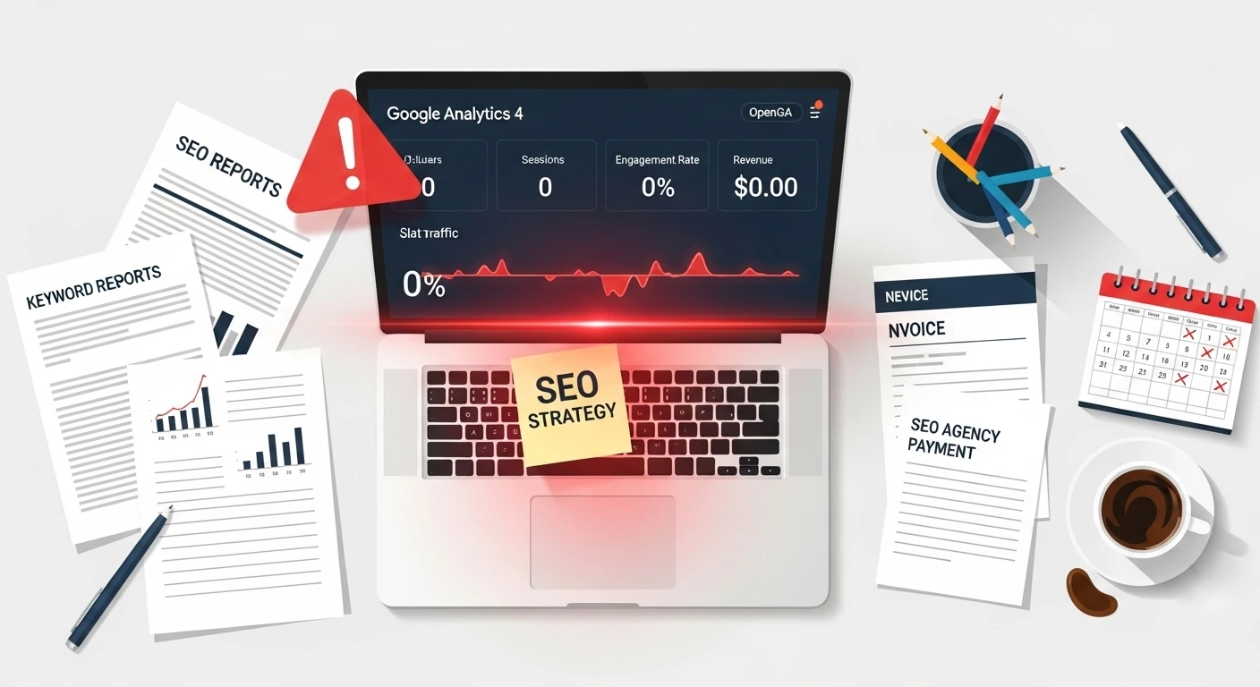 Google Analytics 4 dashboard showing zero sessions zero revenue and flat traffic line with SEO reports and SEO agency payment invoice on desk